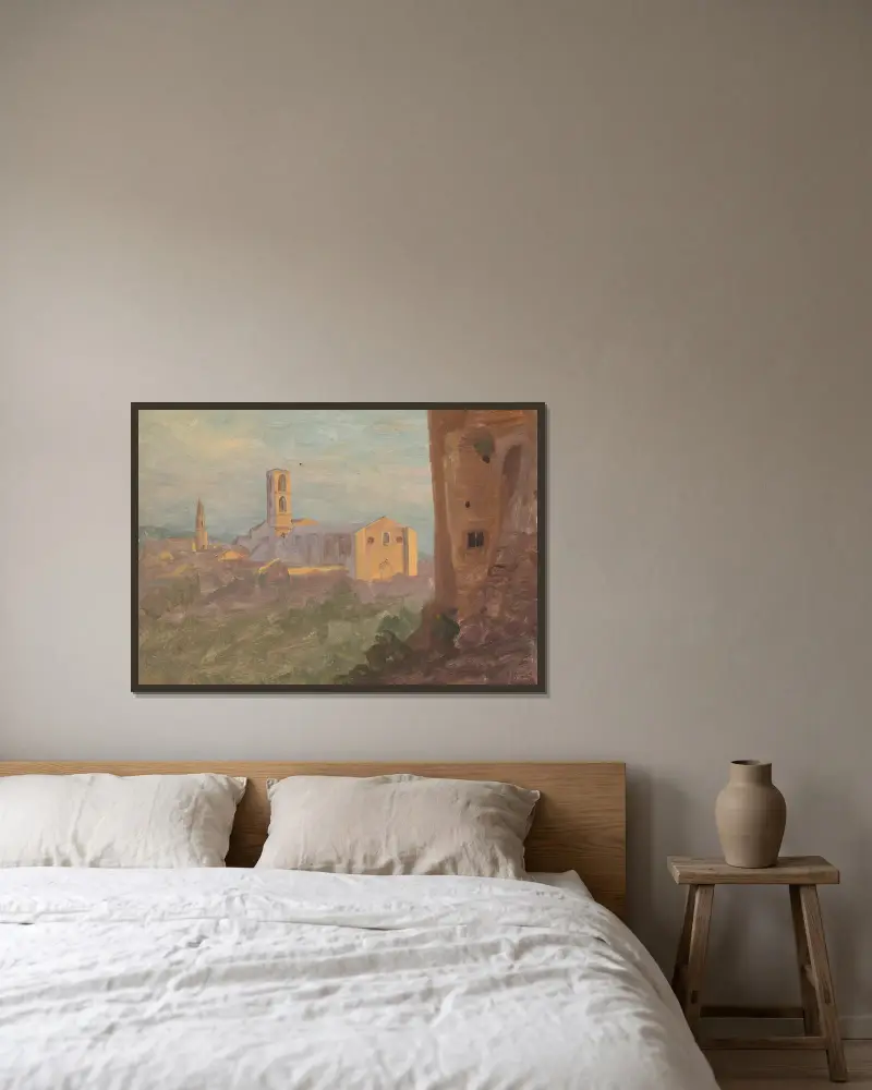 Italiensk eller schweizisk stad av Frederic Edwin Church inramad på en vägg