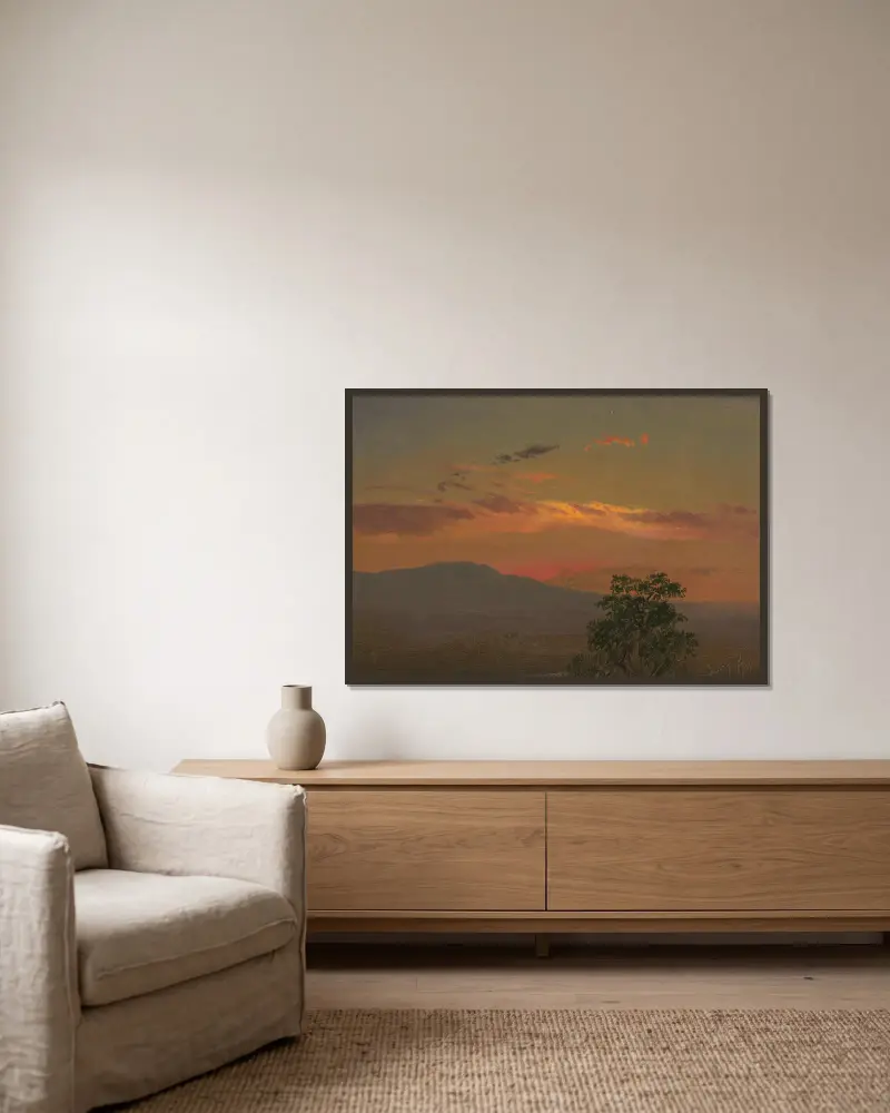 Landskap vid solnedgång, Hudson, N.Y. av Frederic Edwin Church inramad på en vägg