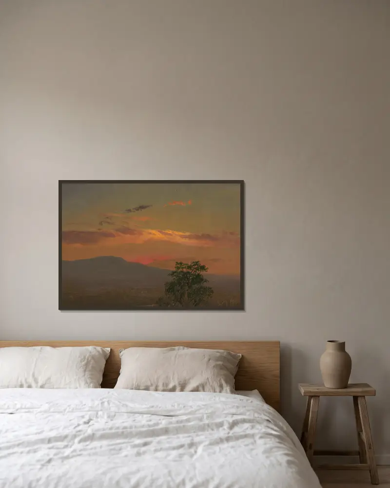 Landskap vid solnedgång, Hudson, N.Y. av Frederic Edwin Church inramad på en vägg