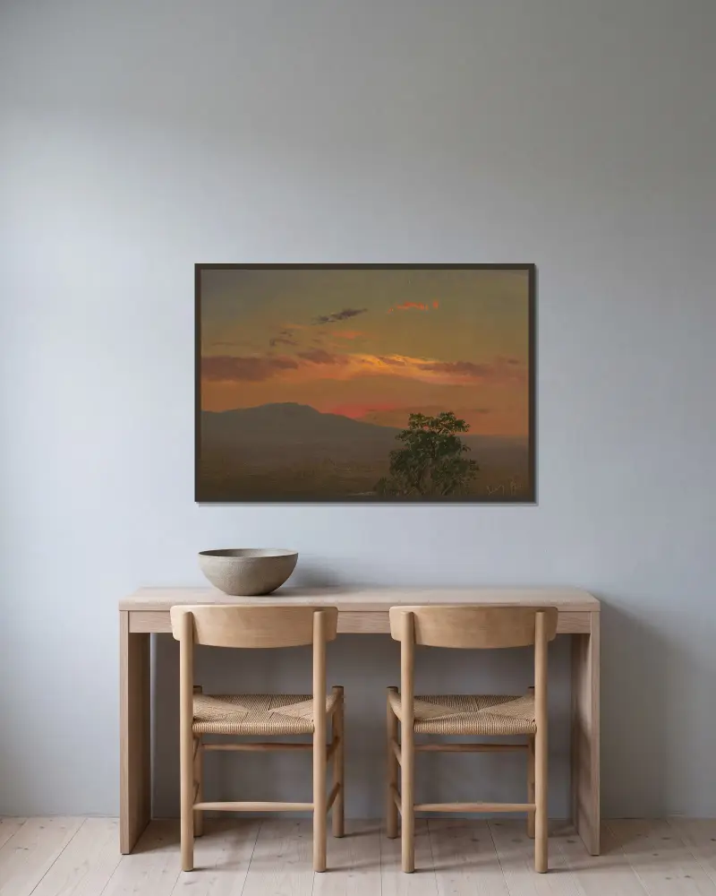 Landskap vid solnedgång, Hudson, N.Y. av Frederic Edwin Church inramad på en vägg