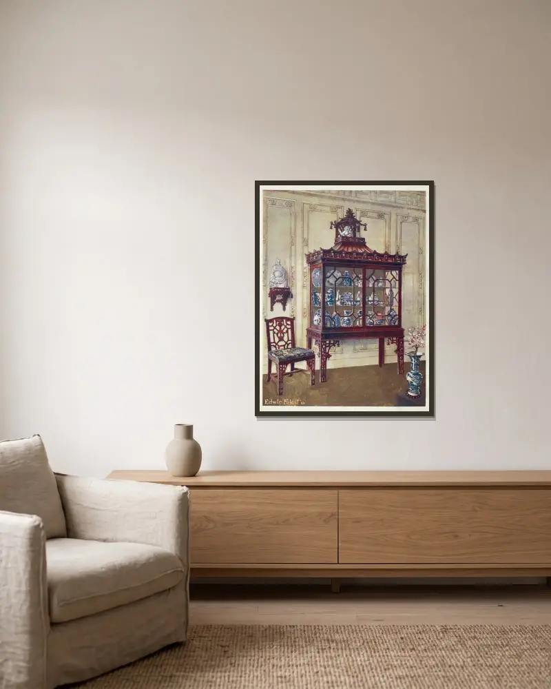 Geschnitzter Chinakoffer im chinesischen Stil Chippendales von Edwin Foley gerahmt an einer Wand