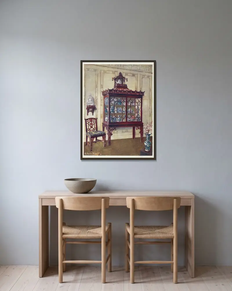 Geschnitzter Chinakoffer im chinesischen Stil Chippendales von Edwin Foley gerahmt an einer Wand
