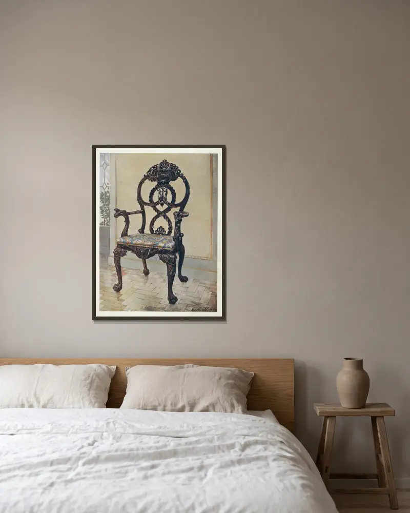 Geschnitzter früher Chippendale-Vorsitzendenstuhl von Edwin Foley gerahmt an einer Wand