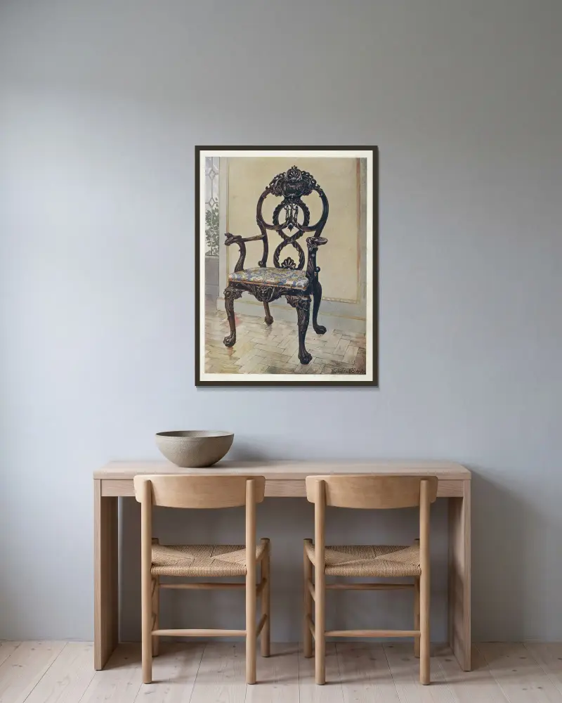 Geschnitzter früher Chippendale-Vorsitzendenstuhl von Edwin Foley gerahmt an einer Wand