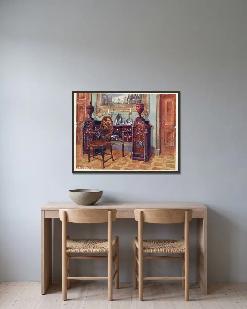 Carved mahogany pedestal sideboard, Oval wheel-back master’s chair av Edwin Foley inramad på en vägg