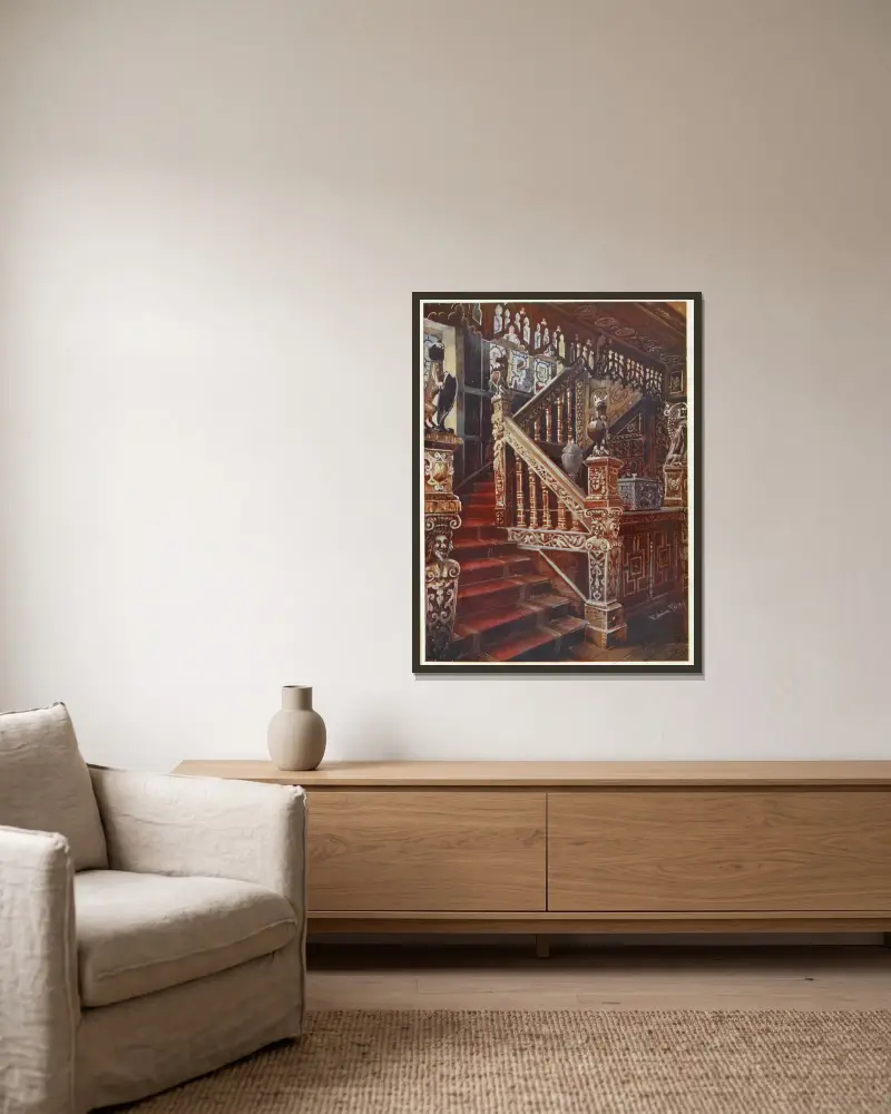 Geschnitzte Eichentreppe, Godinton von Edwin Foley gerahmt an einer Wand