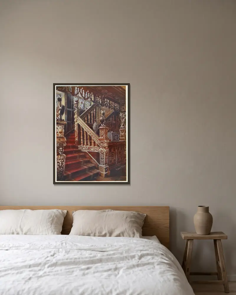 Geschnitzte Eichentreppe, Godinton von Edwin Foley gerahmt an einer Wand
