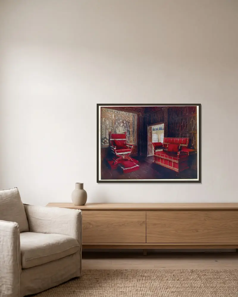Polsterstuhl und Sofa mit verstellbaren Enden von Edwin Foley gerahmt an einer Wand