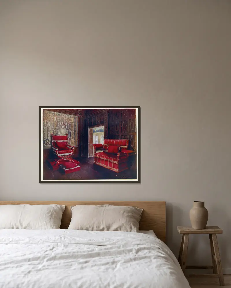 Polsterstuhl und Sofa mit verstellbaren Enden von Edwin Foley gerahmt an einer Wand