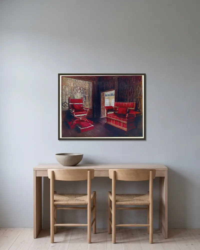 Polsterstuhl und Sofa mit verstellbaren Enden von Edwin Foley gerahmt an einer Wand