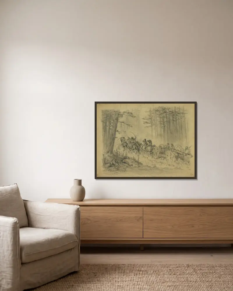 Ein stürmischer Marsch–(Artillerie)–Spotsylvania Court House von Edwin Forbes gerahmt an einer Wand
