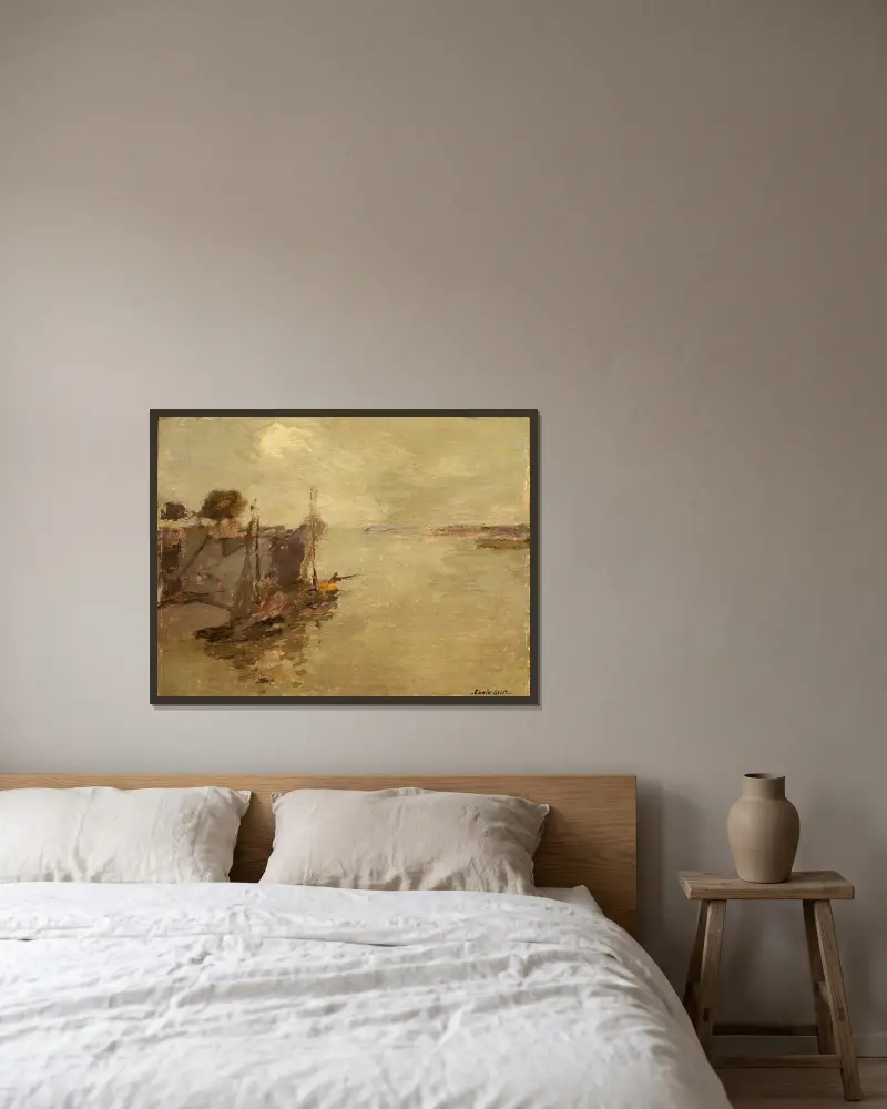 Honfleur Fishing Boats no. 2 av Frank Edwin Scott inramad på en vägg