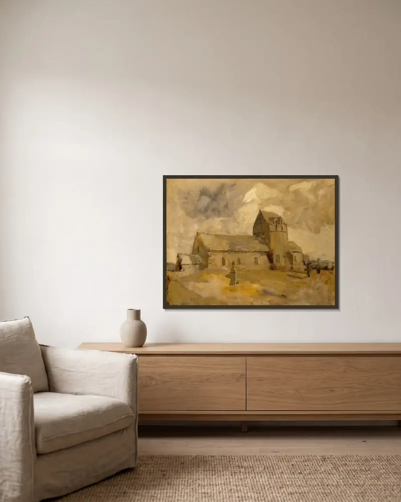 Byns kyrka och kyrkogård, Bretagne av Frank Edwin Scott inramad på en vägg