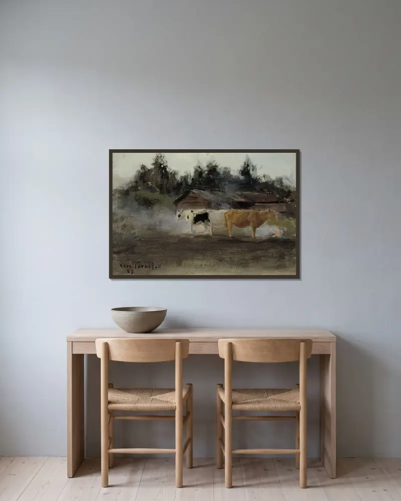 Kühe im Torfrauch, Studie von Eero Järnefelt gerahmt an einer Wand