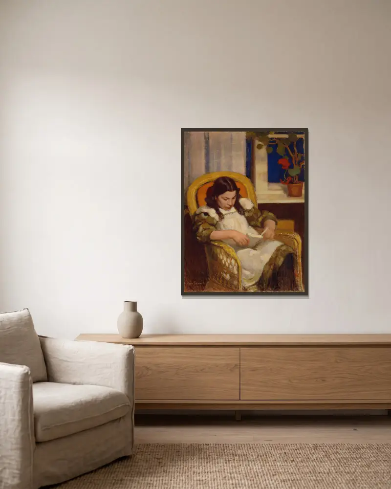 Lesendes Mädchen von Eero Järnefelt gerahmt an einer Wand