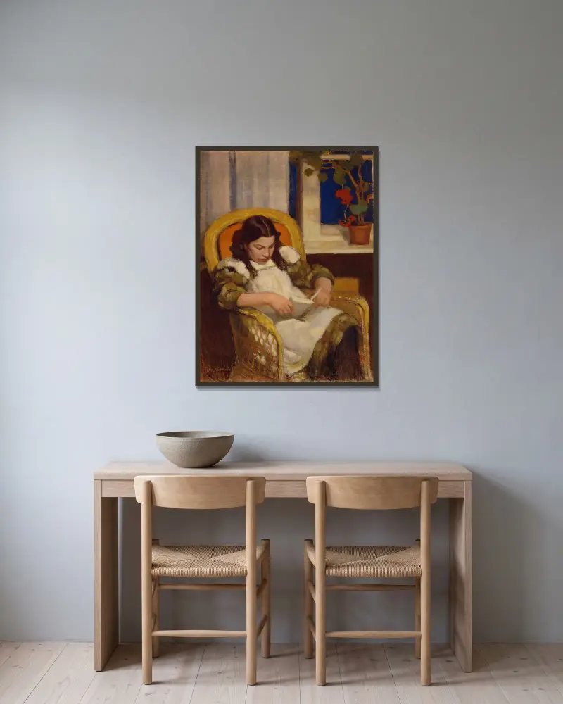 Lesendes Mädchen von Eero Järnefelt gerahmt an einer Wand