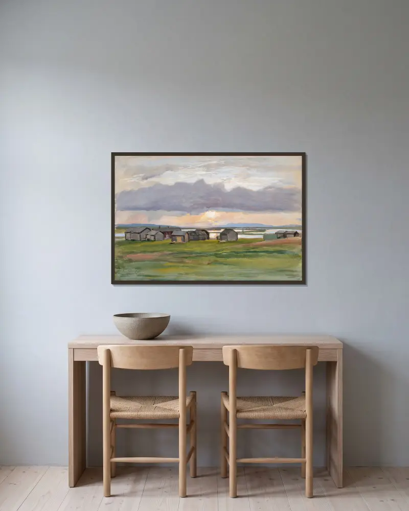 Gebäude am Ufer (Muonio) von Eero Järnefelt gerahmt an einer Wand