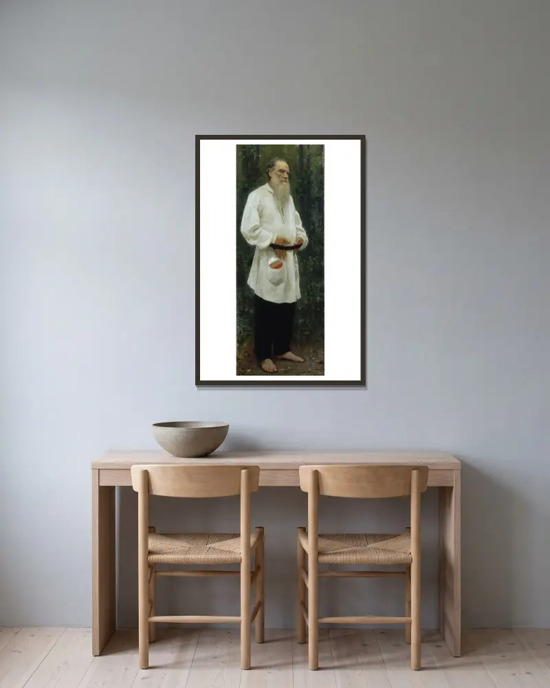 Leo Tolstoy Barefoot av Ilya Efimovich Repin inramad på en vägg