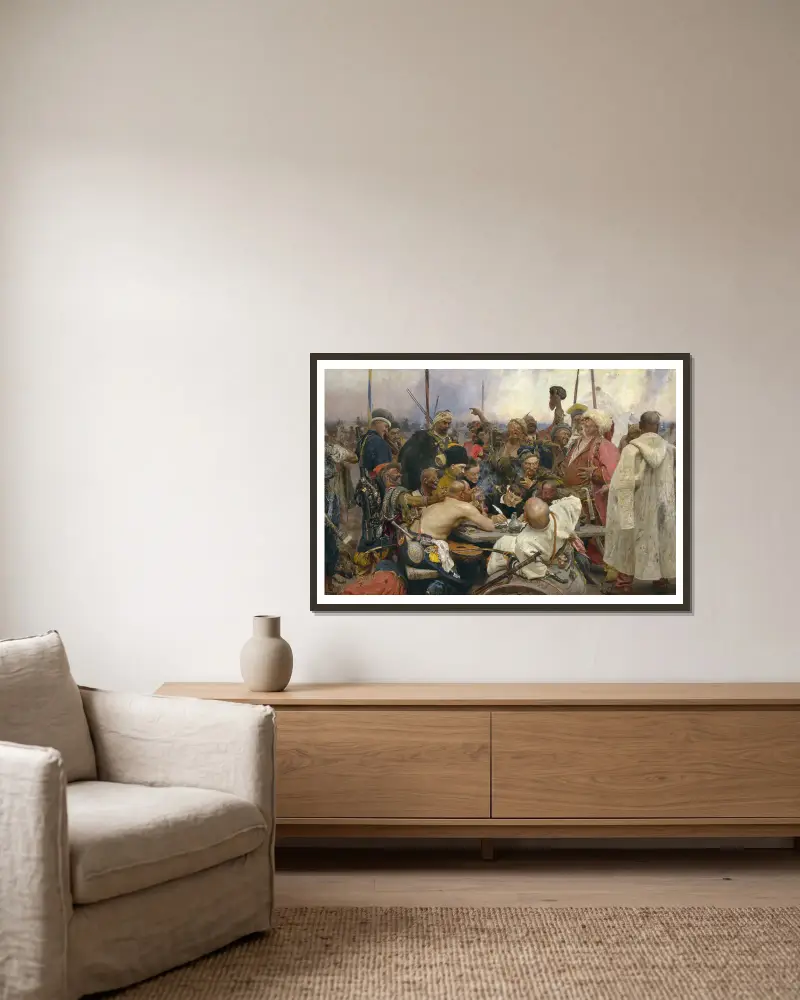 Die Saporoscher Kosaken schreiben dem türkischen Sultan einen Brief von Ilya Efimovich Repin gerahmt an einer Wand