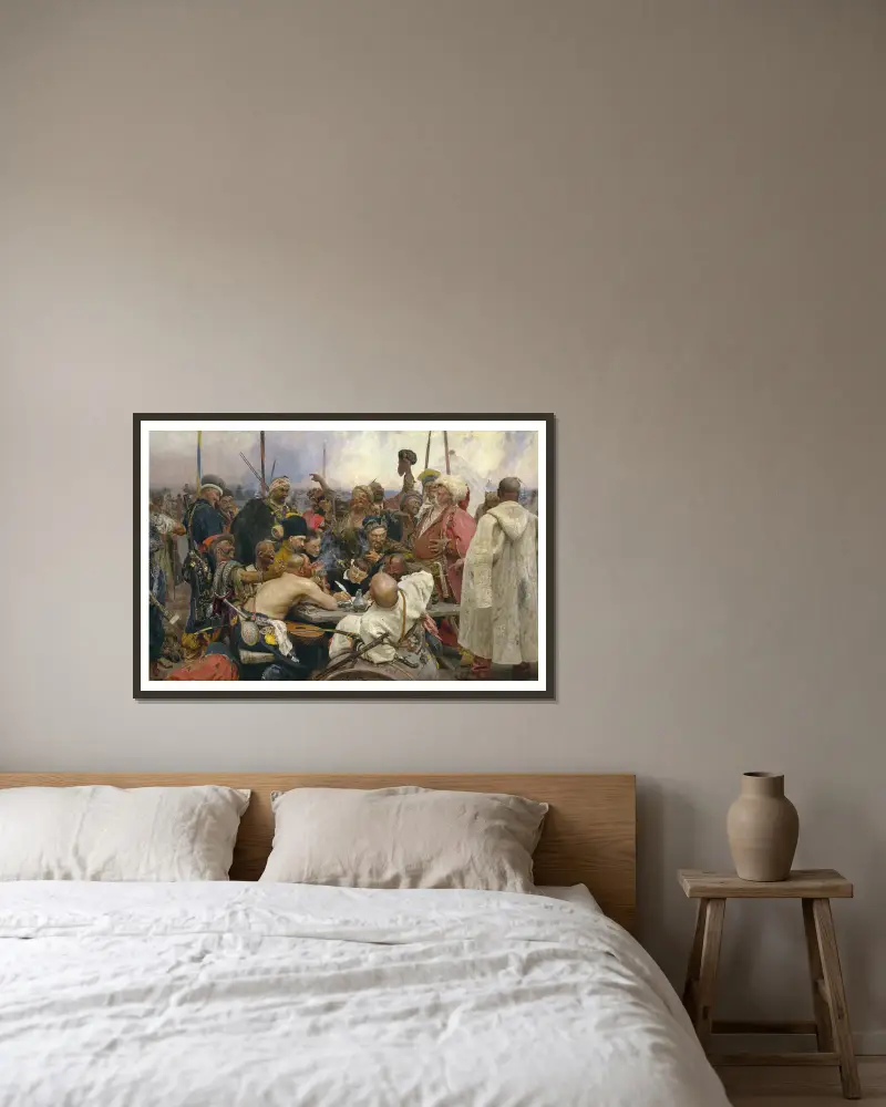 Die Saporoscher Kosaken schreiben dem türkischen Sultan einen Brief von Ilya Efimovich Repin gerahmt an einer Wand