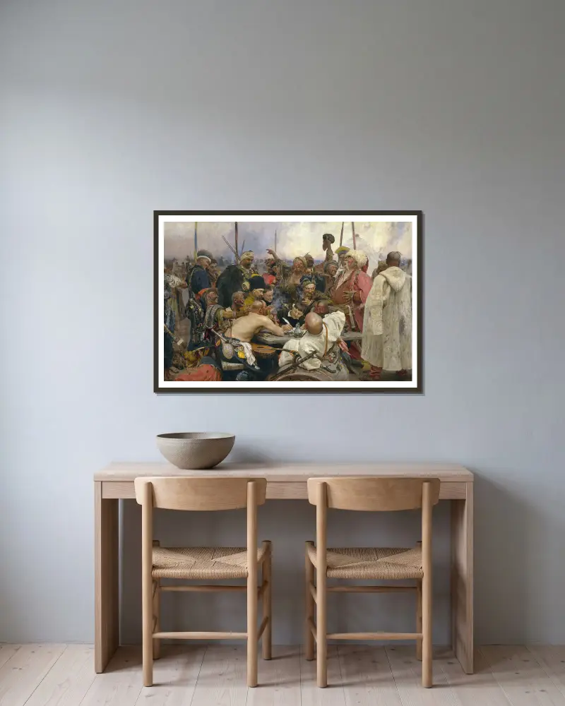 Die Saporoscher Kosaken schreiben dem türkischen Sultan einen Brief von Ilya Efimovich Repin gerahmt an einer Wand