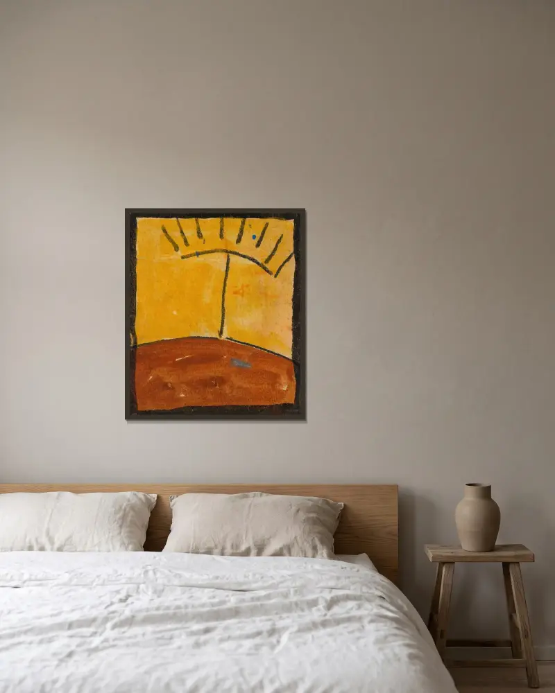 Abstraherat landskap med soluppgång av Egon Schiele inramad på en vägg
