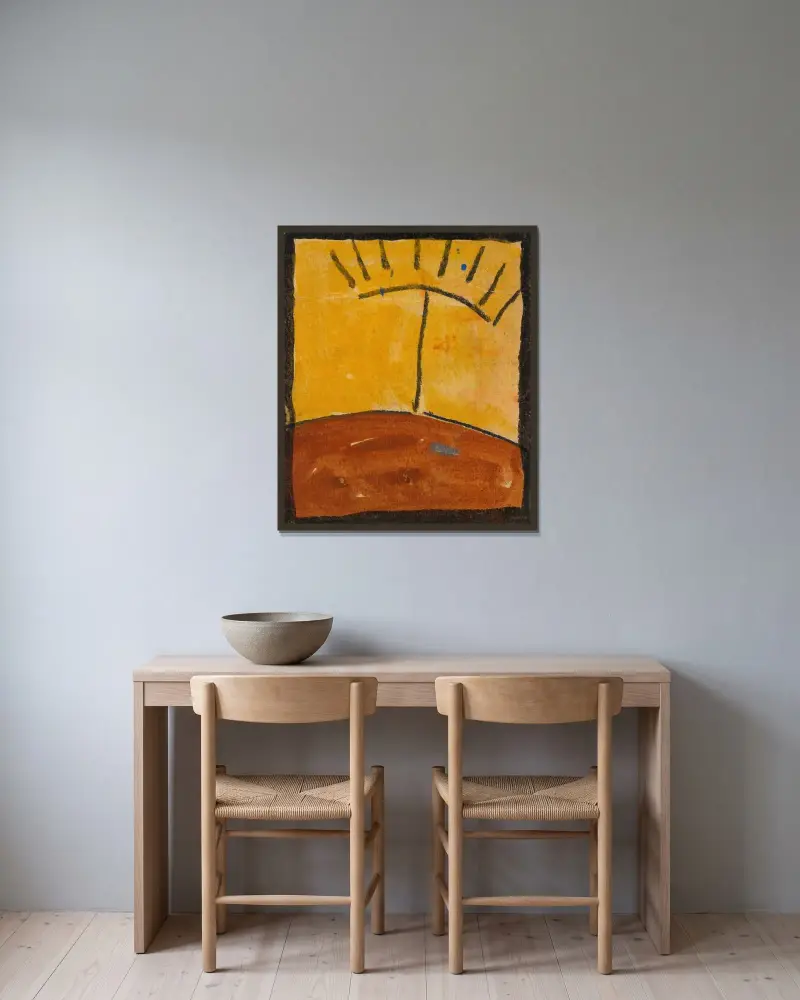 Abstraherat landskap med soluppgång av Egon Schiele inramad på en vägg