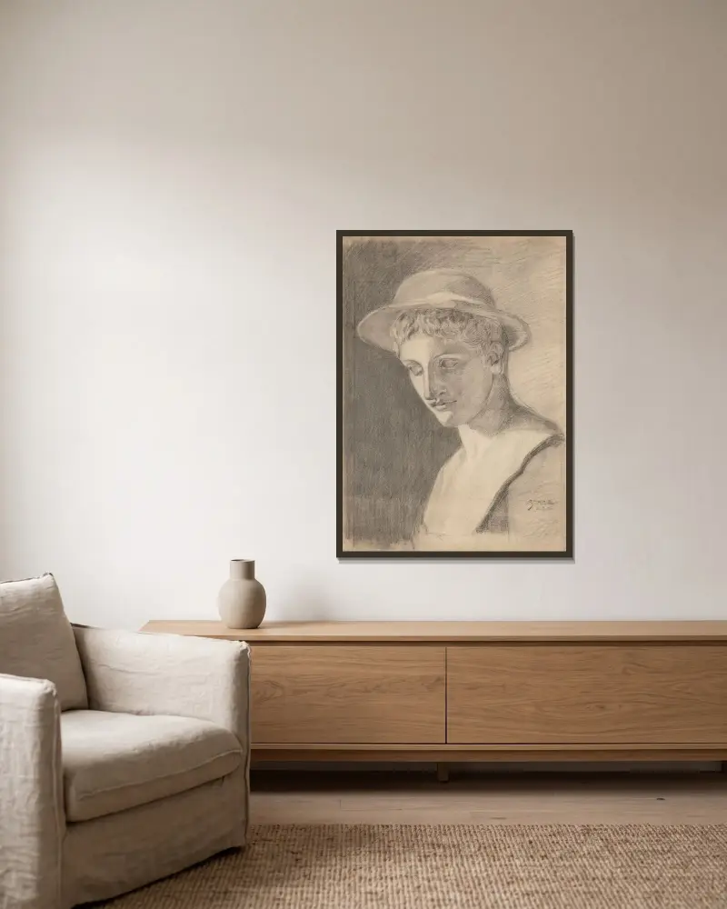 Akademische Porträtbüste von Egon Schiele gerahmt an einer Wand