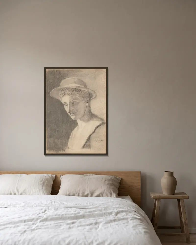 Akademische Porträtbüste von Egon Schiele gerahmt an einer Wand