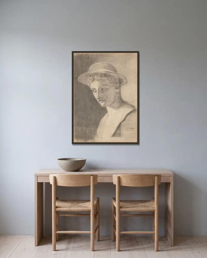Akademische Porträtbüste von Egon Schiele gerahmt an einer Wand