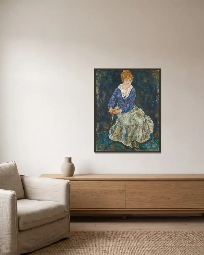 Porträtt av konstnärens hustru, Edith Schiele av Egon Schiele inramad på en vägg