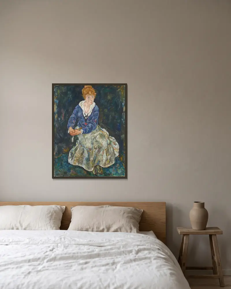 Porträtt av konstnärens hustru, Edith Schiele av Egon Schiele inramad på en vägg