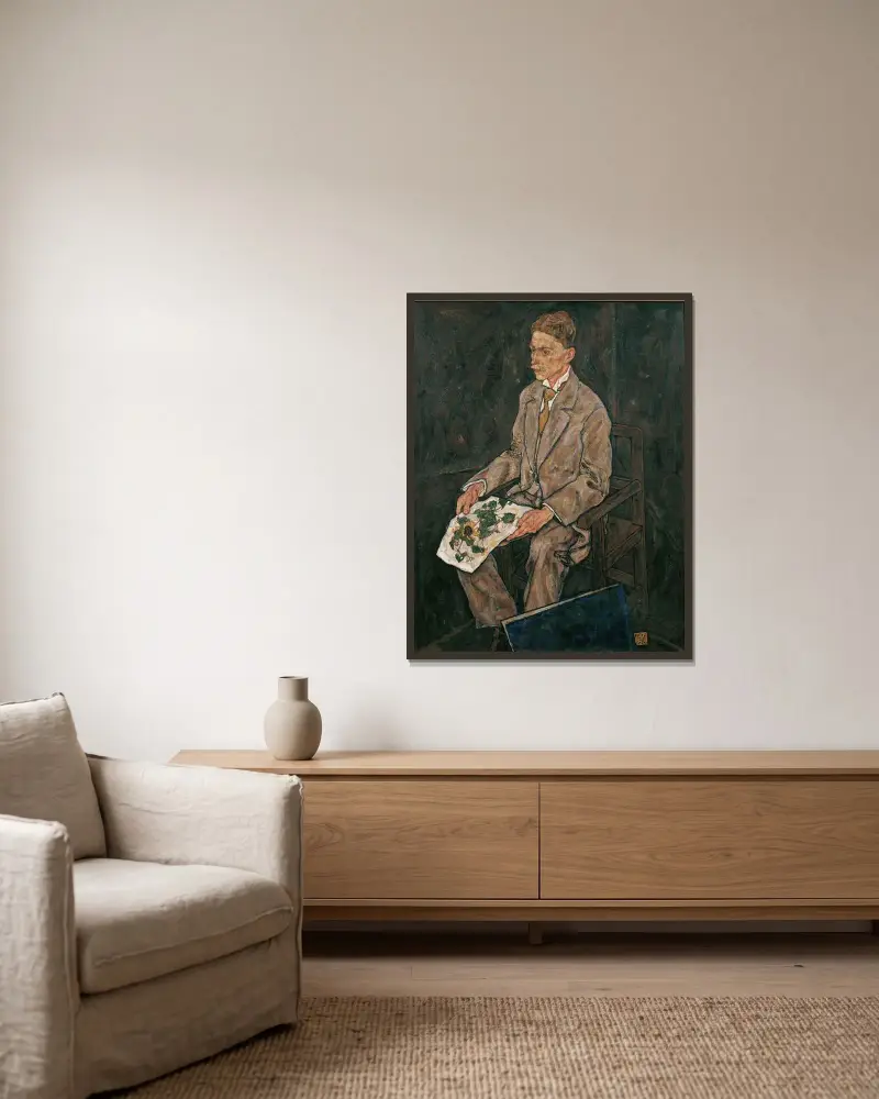 Porträtt av Dr. Franz Martin Haberditzl av Egon Schiele inramad på en vägg