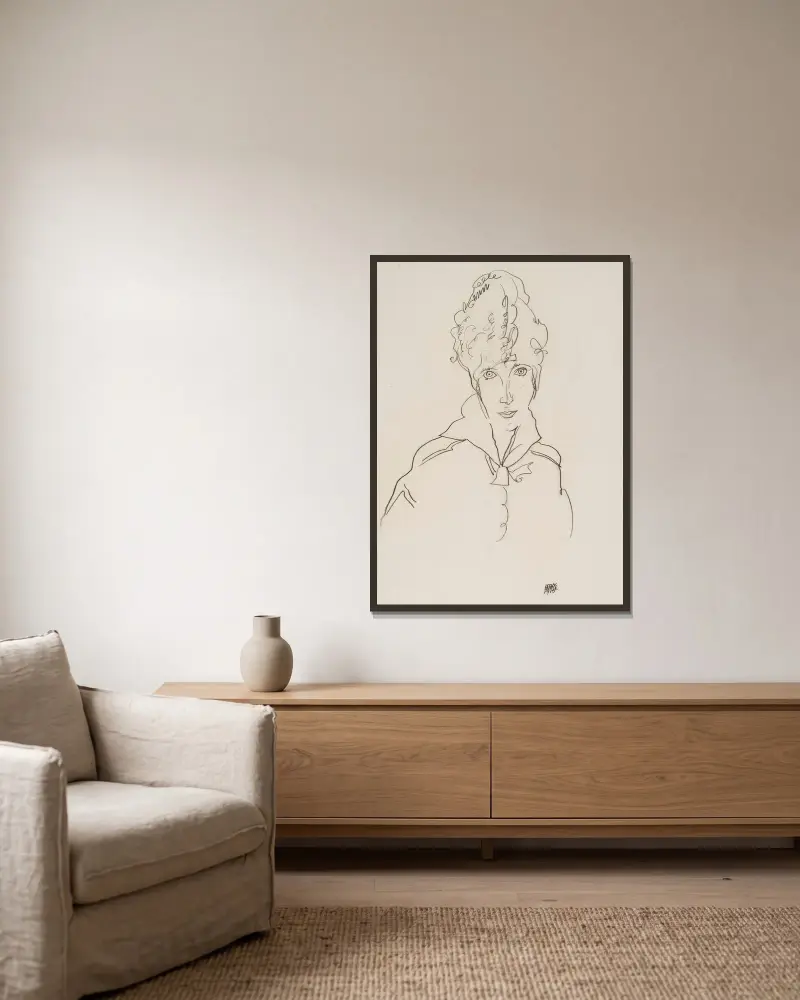 Bildnis Edith Schiele av Egon Schiele inramad på en vägg