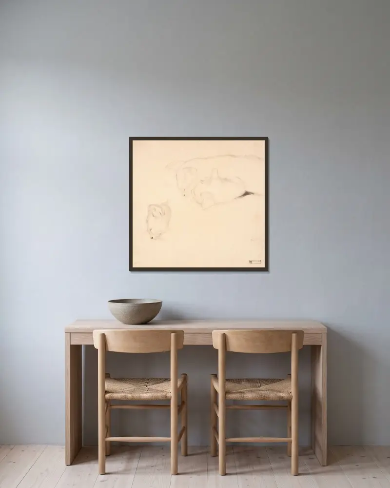 Kočky. Studie, Egon Schiele v rámu na stěně