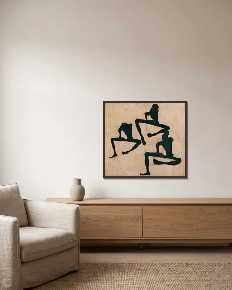 Komposition mit drei nackten Männern von Egon Schiele gerahmt an einer Wand