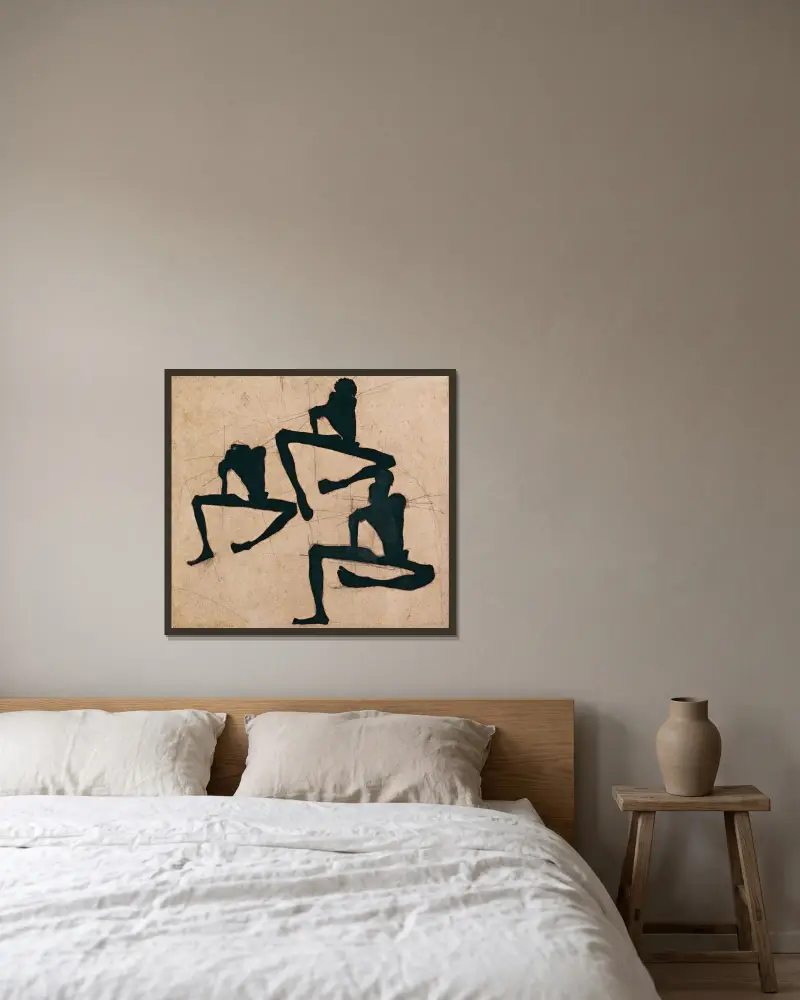 Komposition mit drei nackten Männern von Egon Schiele gerahmt an einer Wand