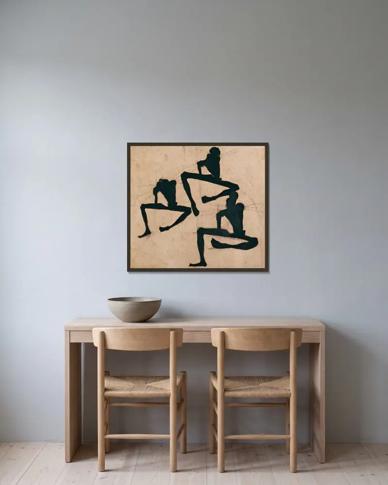Komposition mit drei nackten Männern von Egon Schiele gerahmt an einer Wand