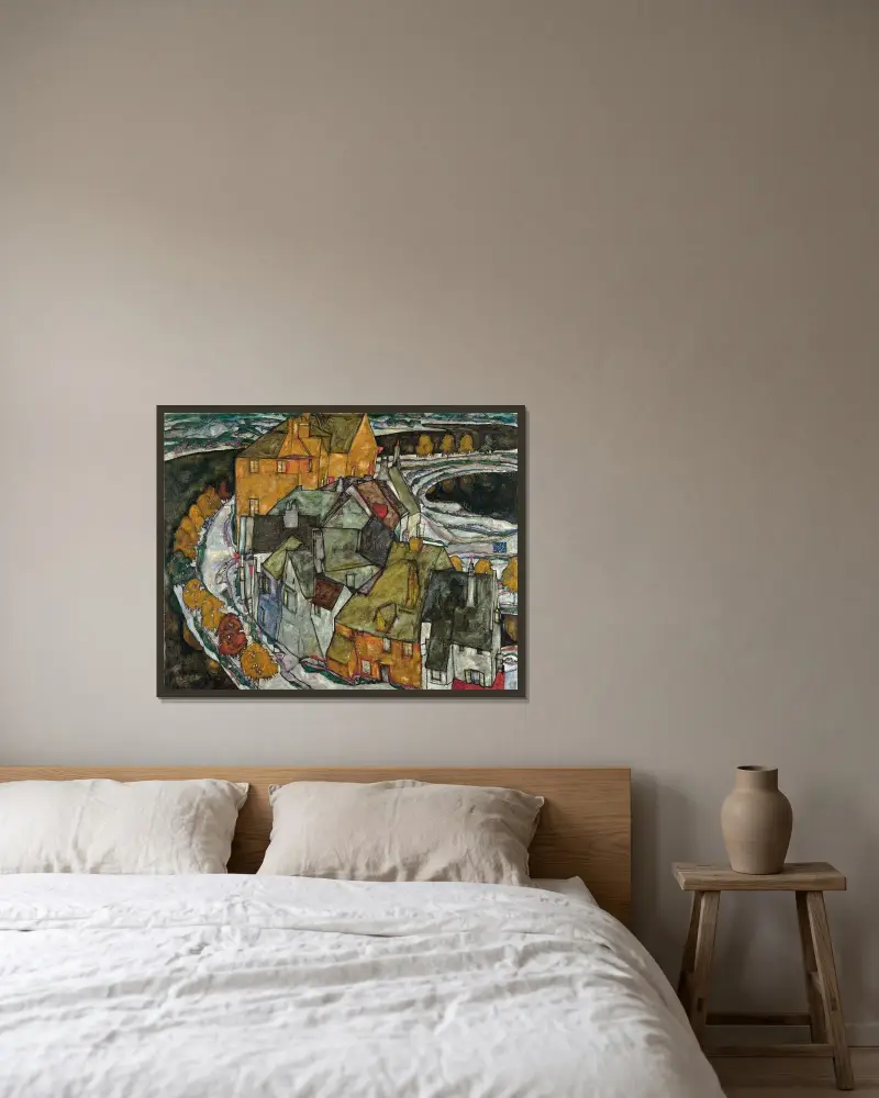 Häuserbogen II von Egon Schiele gerahmt an einer Wand