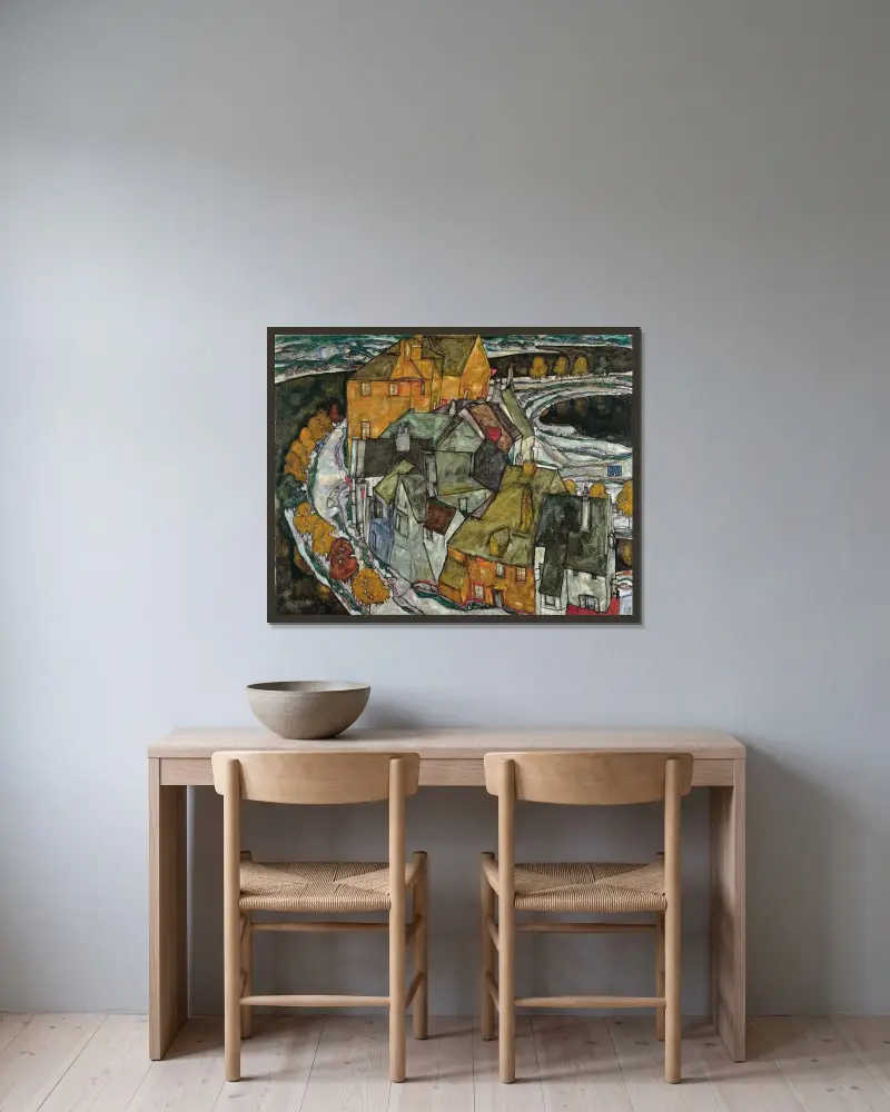 Häuserbogen II von Egon Schiele gerahmt an einer Wand