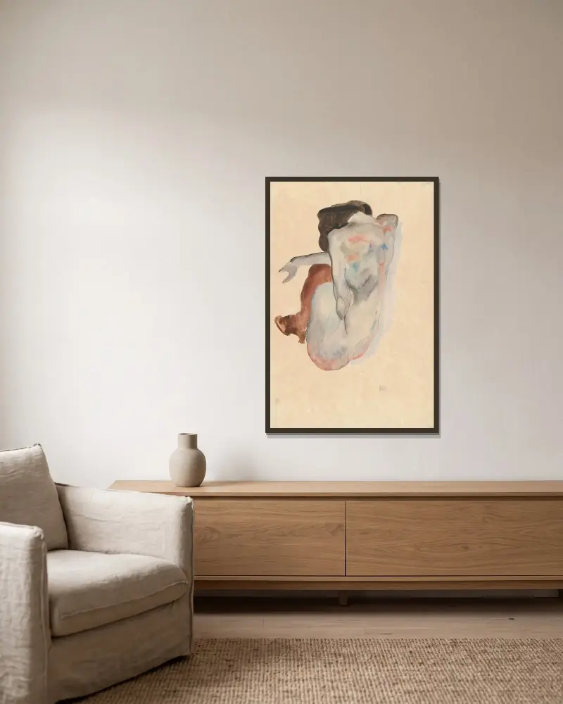 Crouching Nude in Shoes and Black Stockings, Back View av Egon Schiele inramad på en vägg