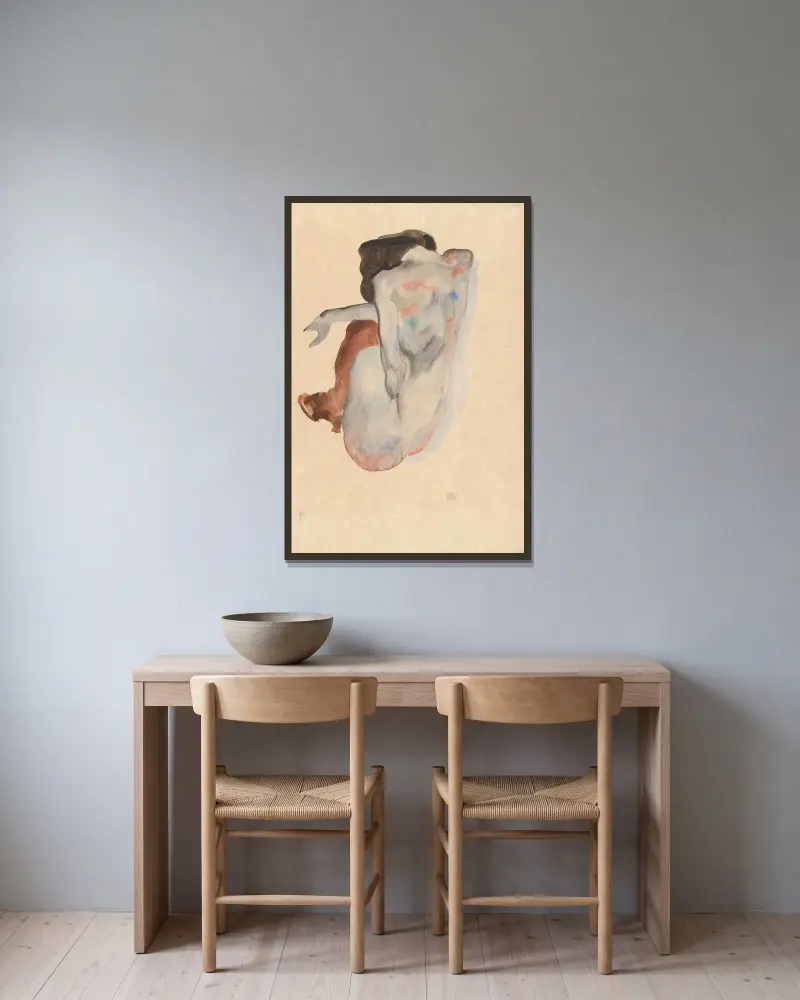 Crouching Nude in Shoes and Black Stockings, Back View av Egon Schiele inramad på en vägg