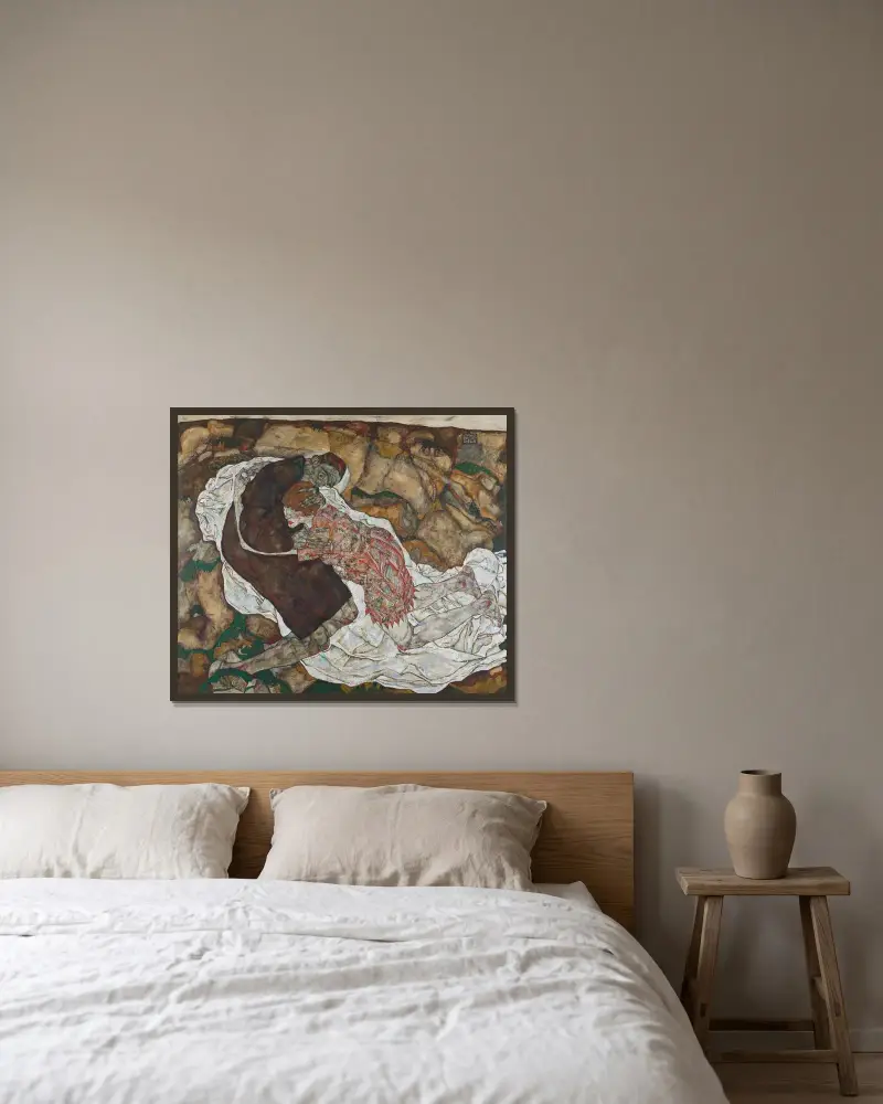 Döden och flickan av Egon Schiele inramad på en vägg