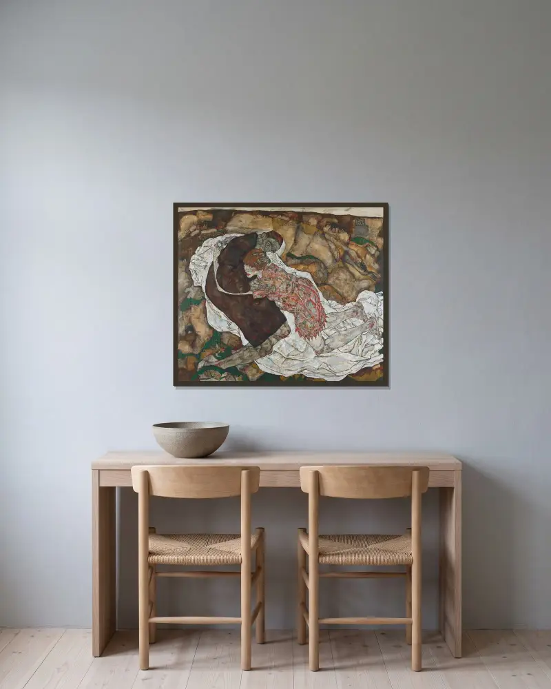 Döden och flickan av Egon Schiele inramad på en vägg