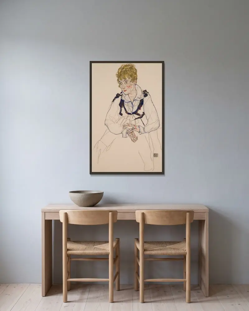 Die Frau des Künstlers, sitzend Edith Schiele av Egon Schiele inramad på en vägg