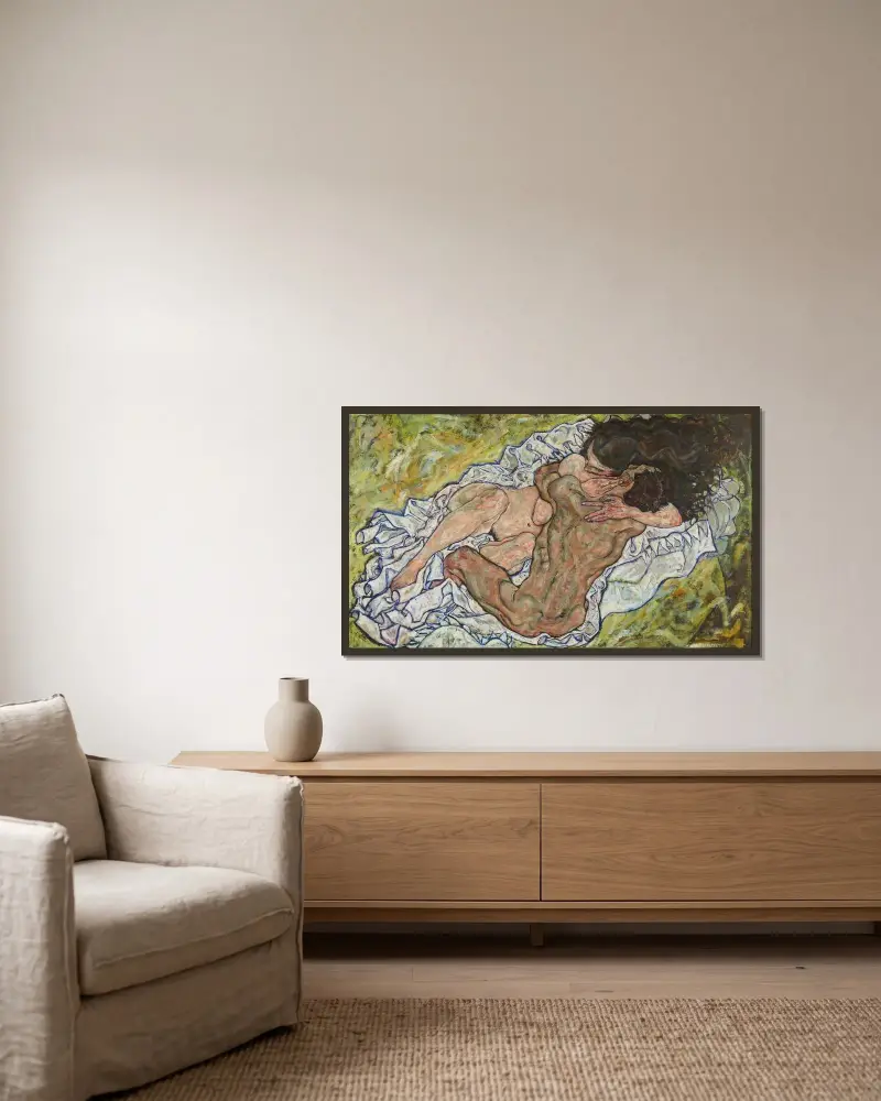 Die Umarmung av Egon Schiele inramad på en vägg