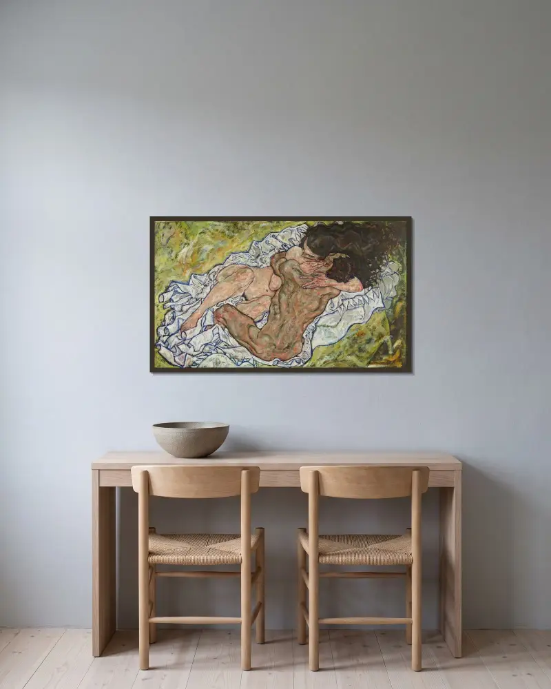 Die Umarmung av Egon Schiele inramad på en vägg
