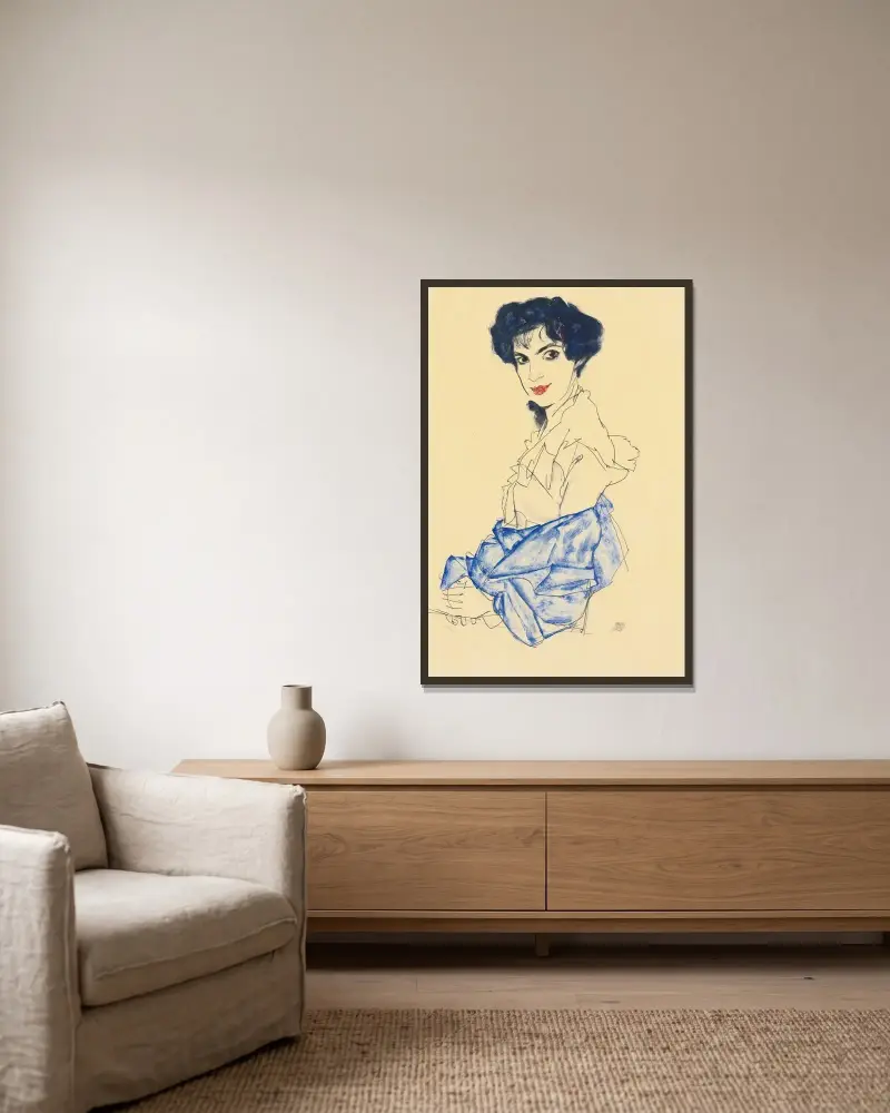 Elisabeth Lederer, Seated With Hands Folded av Egon Schiele inramad på en vägg