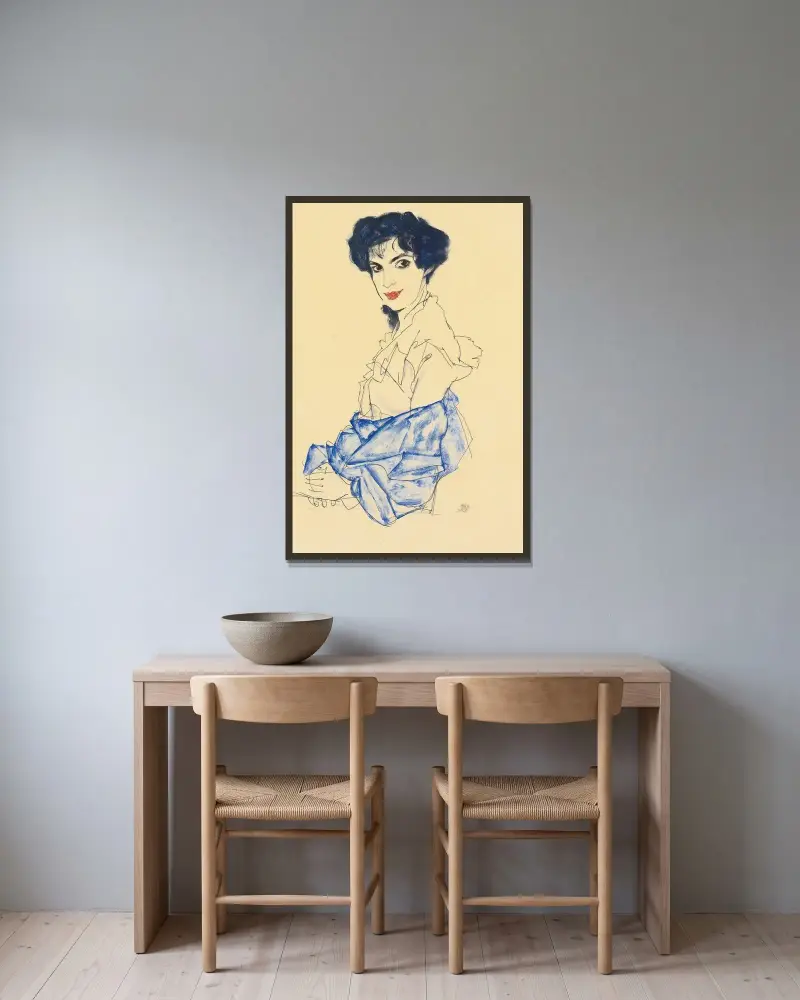 Elisabeth Lederer, Seated With Hands Folded av Egon Schiele inramad på en vägg