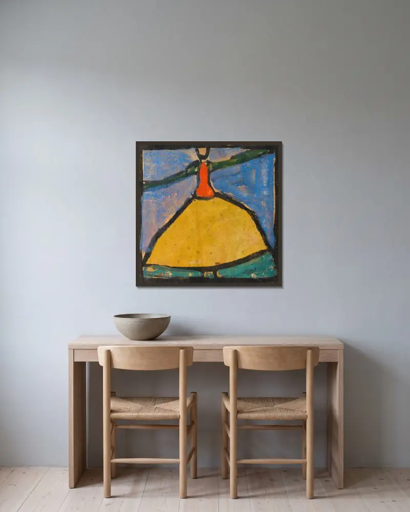 Kvinna med utbredda armar i gul kjol av Egon Schiele inramad på en vägg